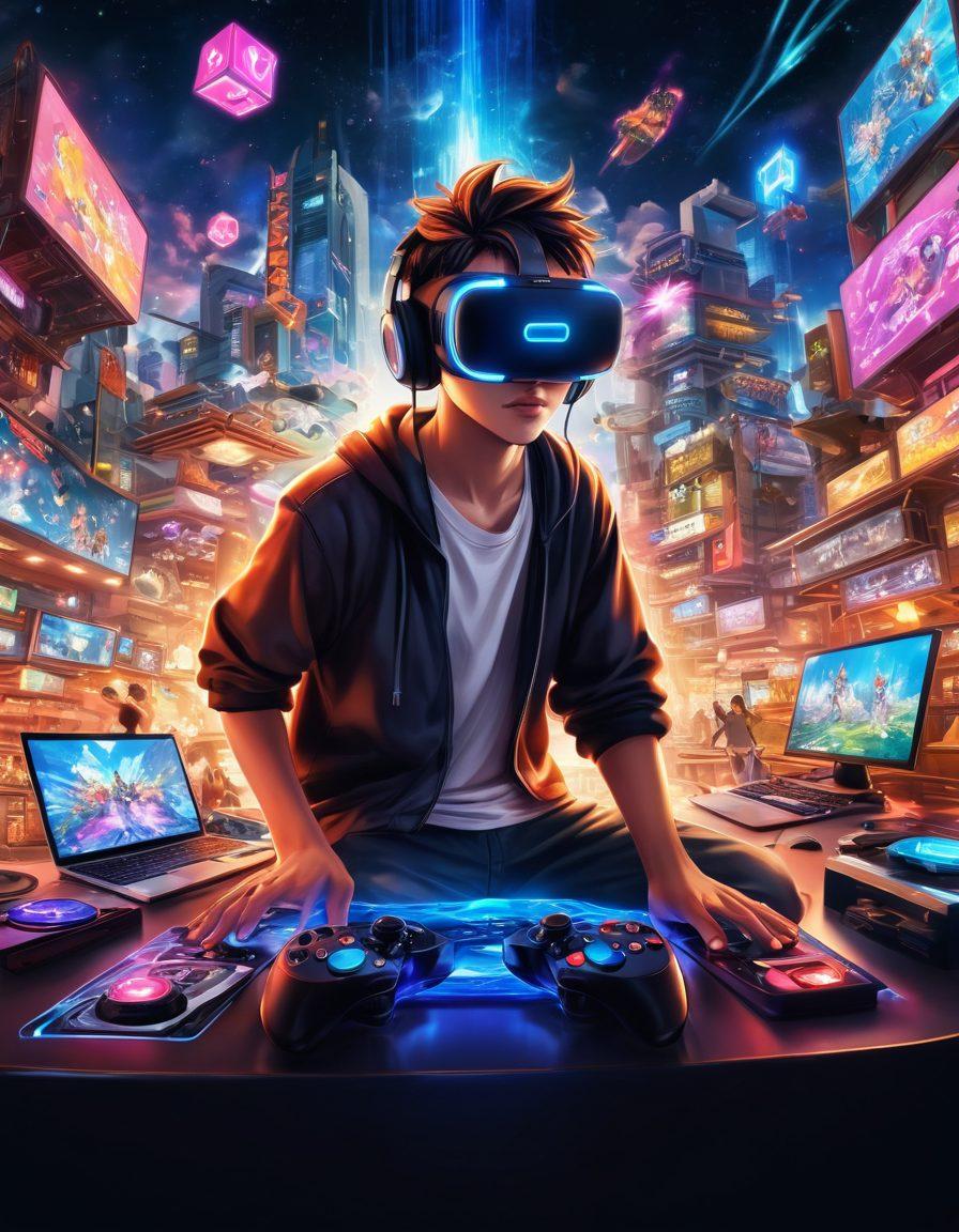 A dynamic illustration featuring iconic anime characters from various popular series, engaged in thrilling gameplay on interactive gaming consoles. The background is a vibrant gaming landscape filled with colorful elements like joysticks, game icons, and energy beams, invoking a sense of excitement and adventure. Include elements that represent the gaming community like virtual reality headsets and fans discussing games. The style should be colorful, energetic, and cartoonish, capturing the essence of anime culture. cartoonish style. vibrant colors.