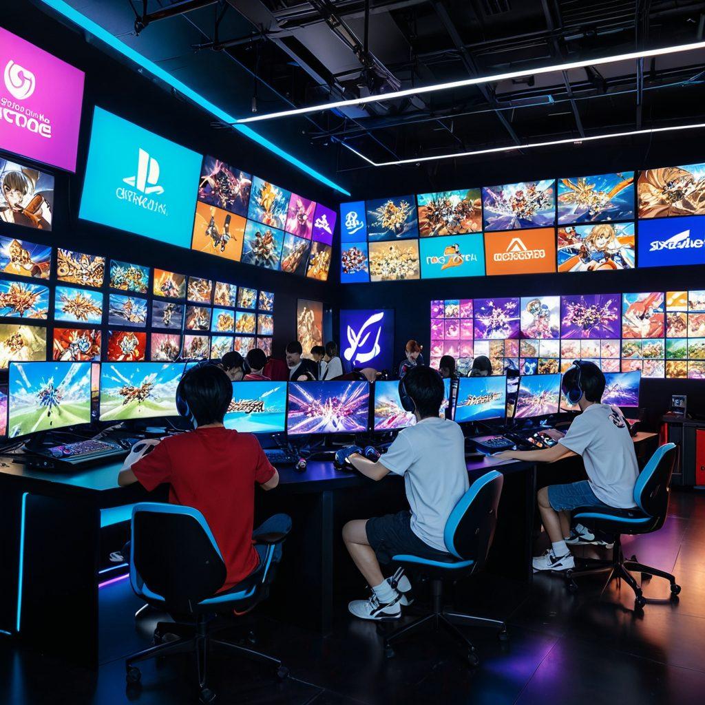 A dynamic scene featuring diverse anime characters engaged in intense gaming action, surrounded by vibrant, eye-catching anime art styles. Include a backdrop of gaming elements like consoles, digital landscapes, and free-to-play icons. Bright colors and playful expressions should evoke excitement and community. Emphasize an inviting atmosphere for gamers and anime enthusiasts alike. digital art. vibrant colors. 3D.